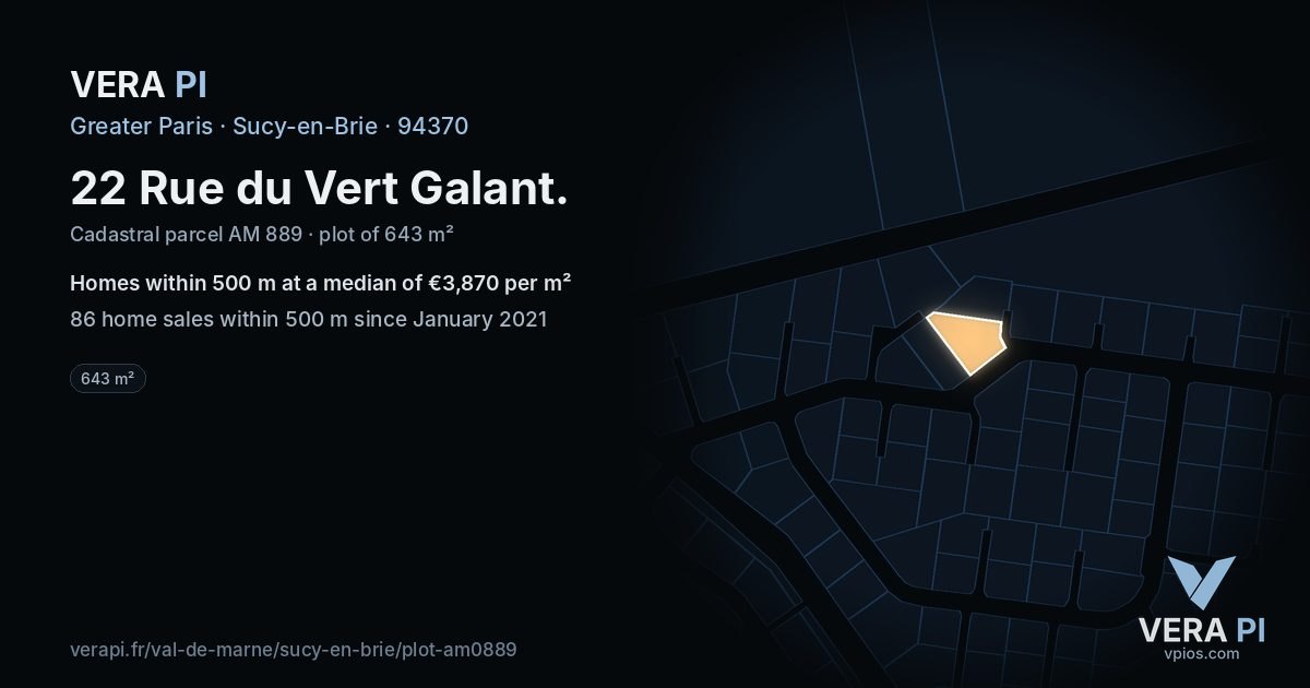 22 Rue du Vert Galant, Sucy-en-Brie at night – the plot lit, the parcels around coloured by the prices near them