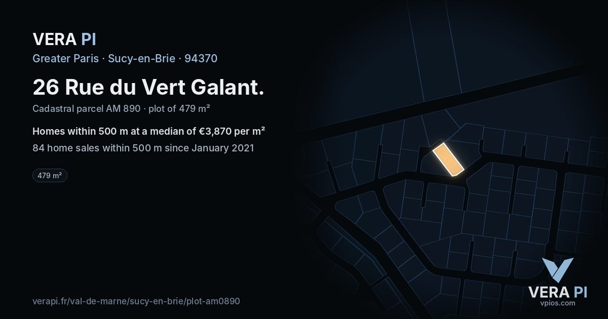 26 Rue du Vert Galant, Sucy-en-Brie at night – the plot lit, the parcels around coloured by the prices near them