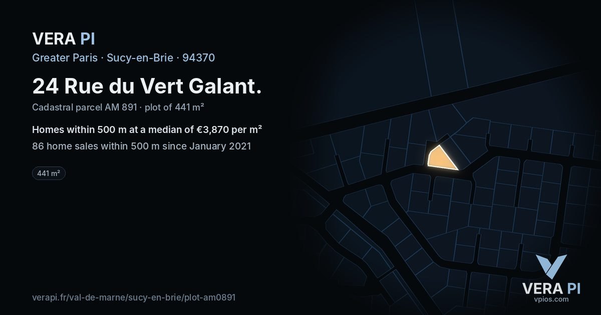 24 Rue du Vert Galant, Sucy-en-Brie at night – the plot lit, the parcels around coloured by the prices near them