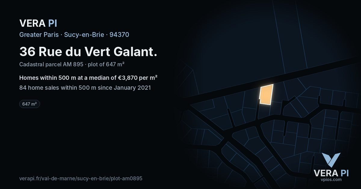 36 Rue du Vert Galant, Sucy-en-Brie at night – the plot lit, the parcels around coloured by the prices near them