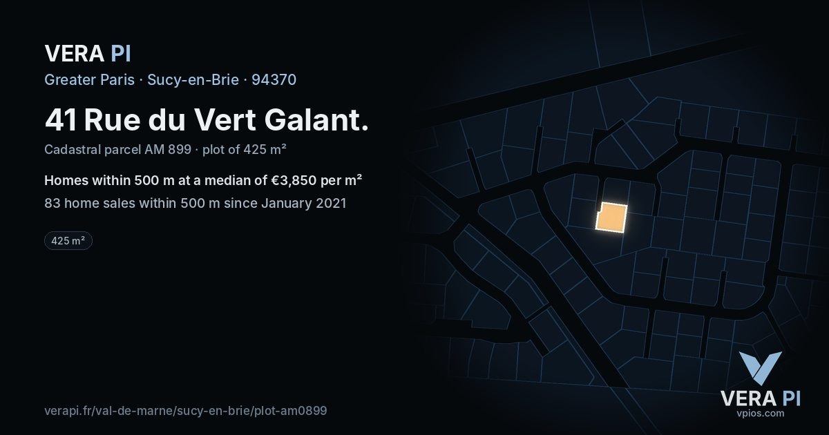 41 Rue du Vert Galant, Sucy-en-Brie at night – the plot lit, the parcels around coloured by the prices near them