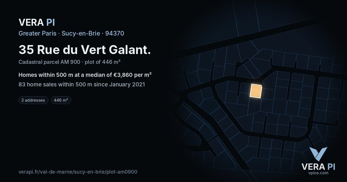 35 Rue du Vert Galant, Sucy-en-Brie at night – the plot lit, the parcels around coloured by the prices near them