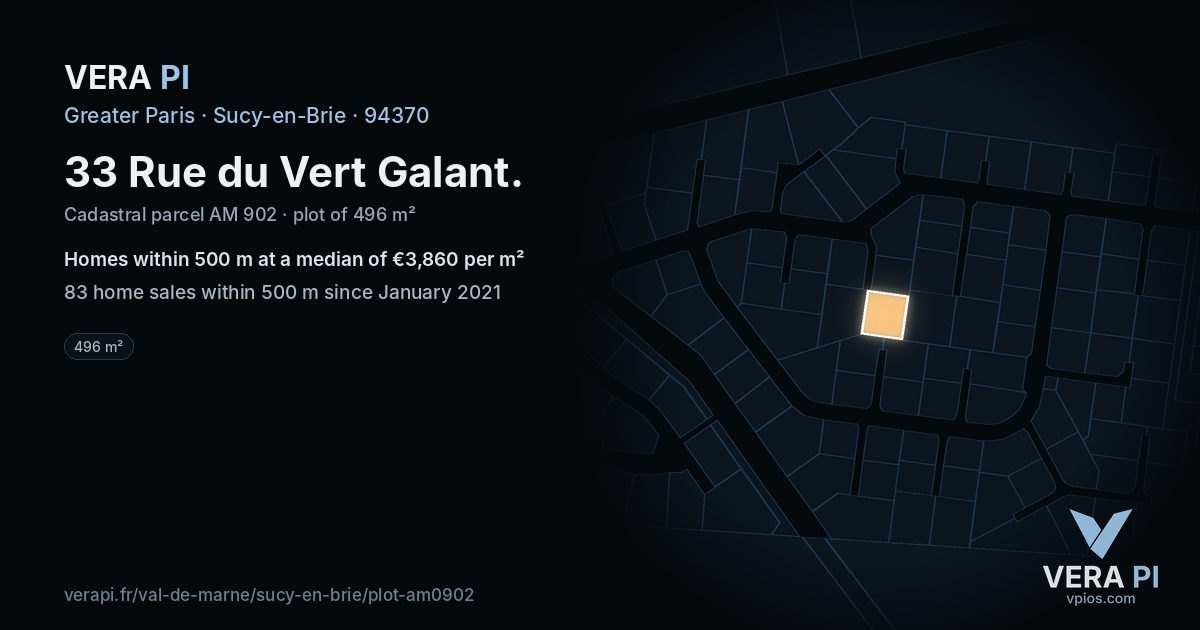 33 Rue du Vert Galant, Sucy-en-Brie at night – the plot lit, the parcels around coloured by the prices near them