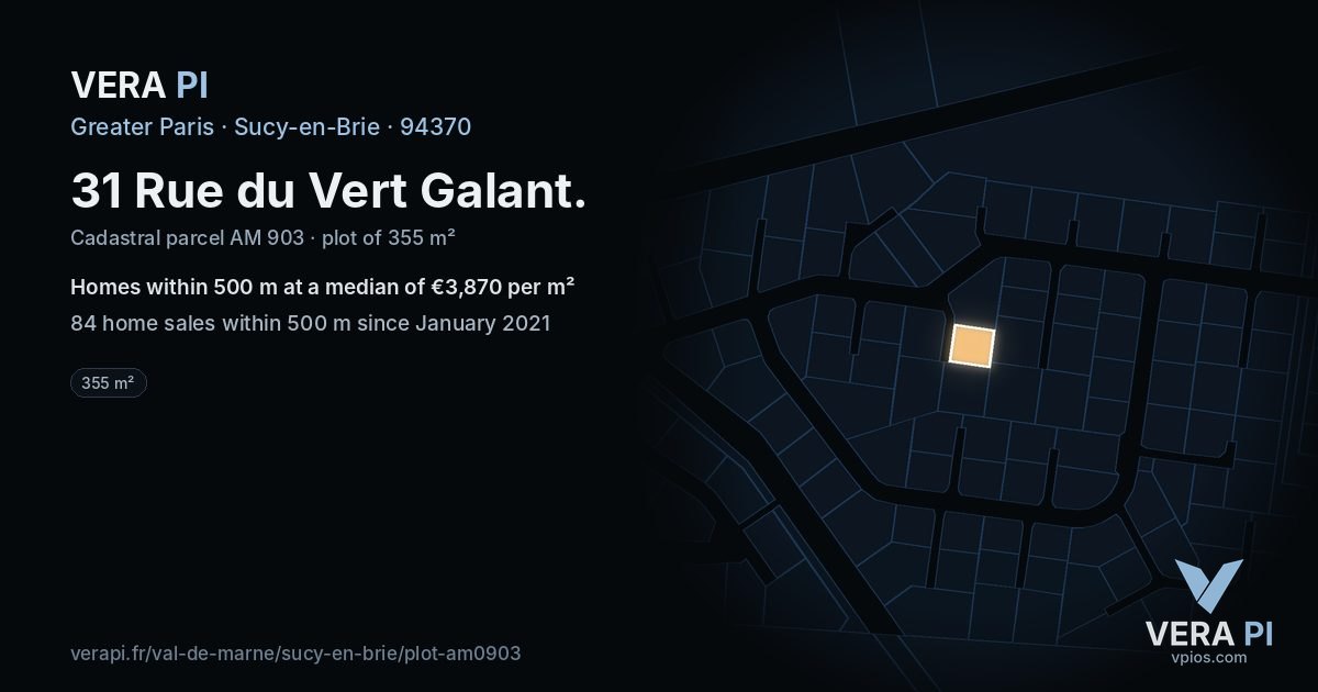 31 Rue du Vert Galant, Sucy-en-Brie at night – the plot lit, the parcels around coloured by the prices near them