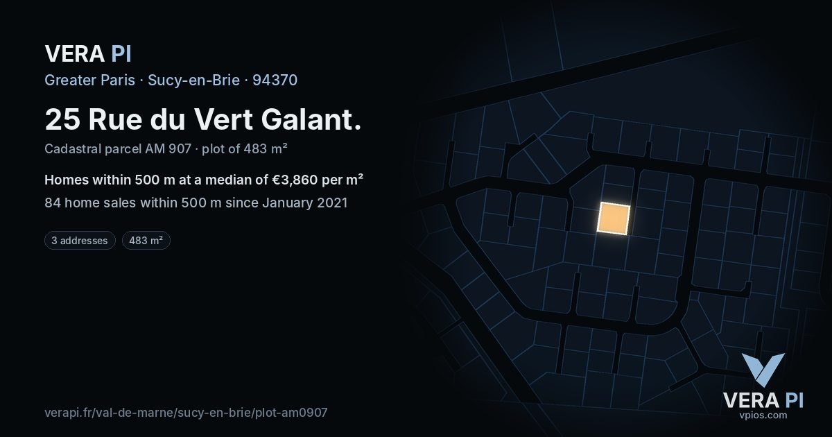 25 Rue du Vert Galant, Sucy-en-Brie at night – the plot lit, the parcels around coloured by the prices near them