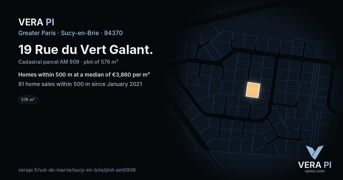 19 Rue du Vert Galant, Sucy-en-Brie at night – the plot lit, the parcels around coloured by the prices near them