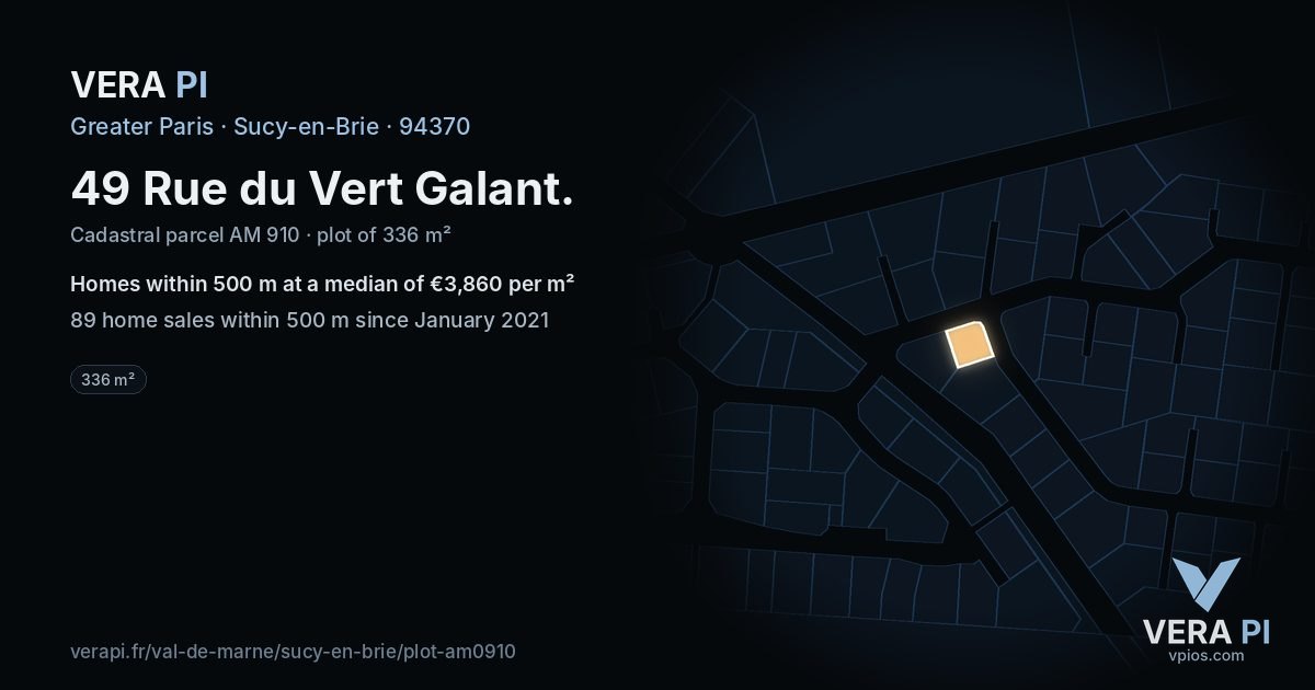 49 Rue du Vert Galant, Sucy-en-Brie at night – the plot lit, the parcels around coloured by the prices near them