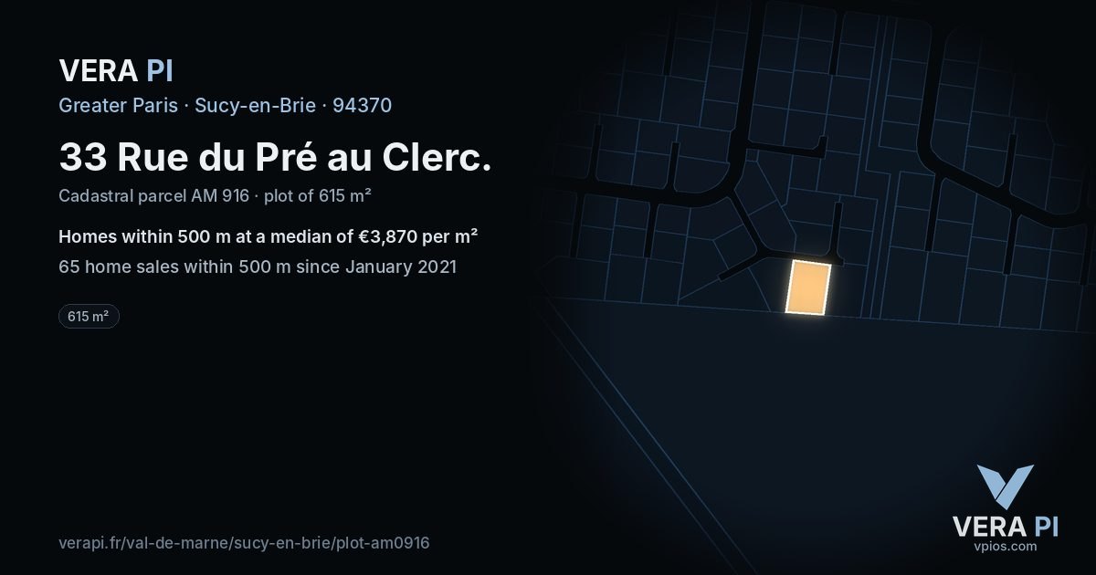 33 Rue du Pré au Clerc, Sucy-en-Brie at night – the plot lit, the parcels around coloured by the prices near them