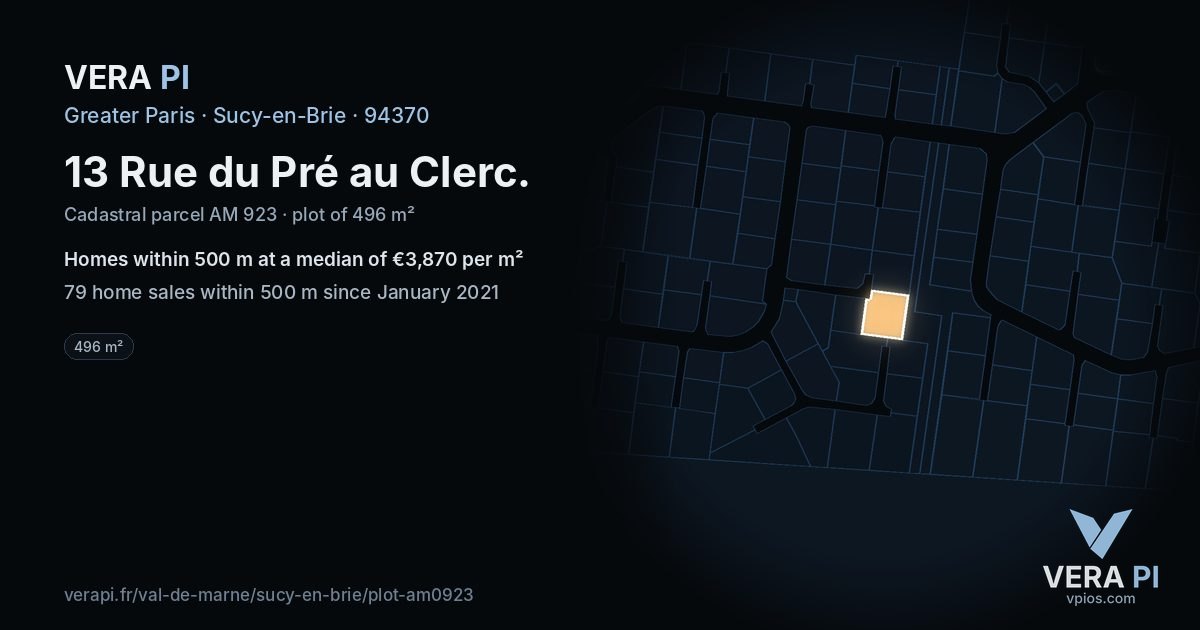 13 Rue du Pré au Clerc, Sucy-en-Brie at night – the plot lit, the parcels around coloured by the prices near them