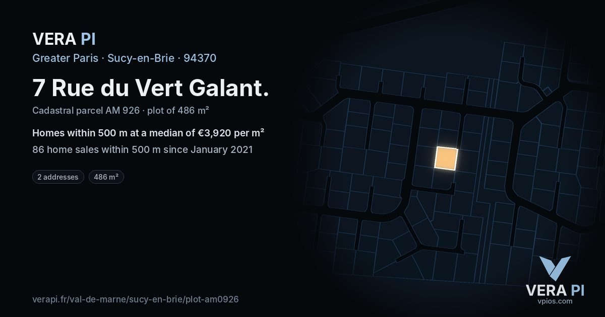7 Rue du Vert Galant, Sucy-en-Brie at night – the plot lit, the parcels around coloured by the prices near them