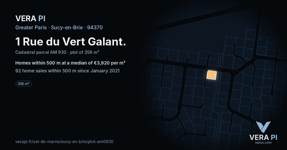 1 Rue du Vert Galant, Sucy-en-Brie at night – the plot lit, the parcels around coloured by the prices near them