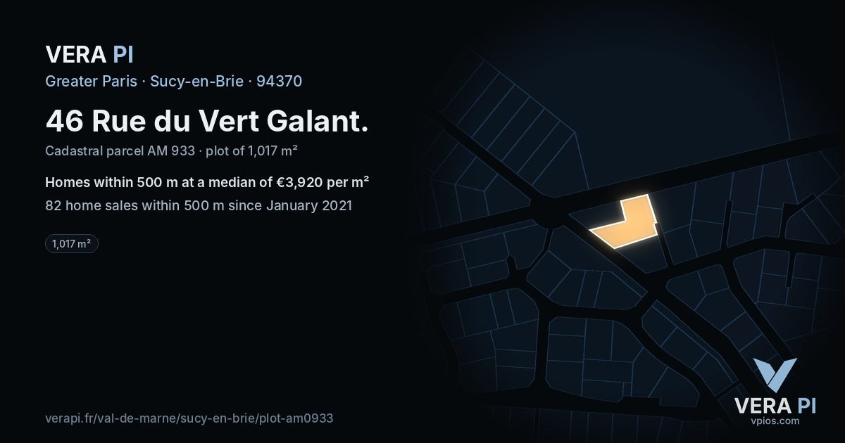 46 Rue du Vert Galant, Sucy-en-Brie at night – the plot lit, the parcels around coloured by the prices near them