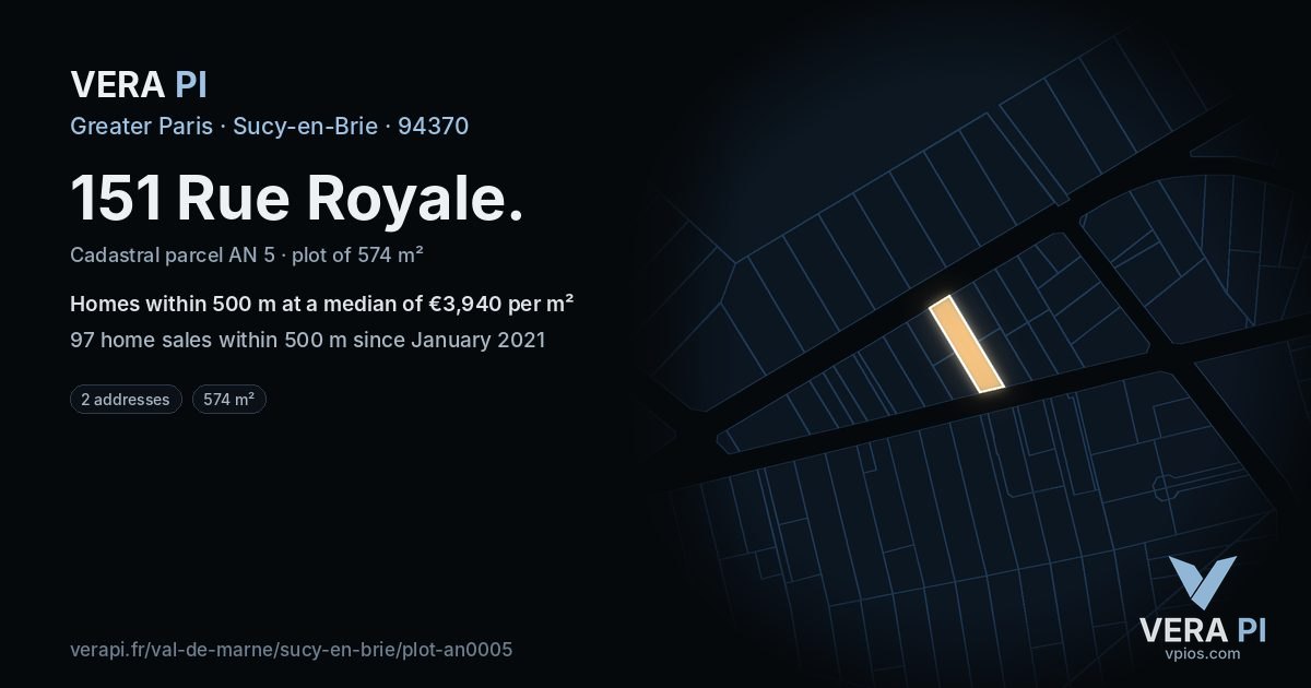 151 Rue Royale, Sucy-en-Brie at night – the plot lit, the parcels around coloured by the prices near them