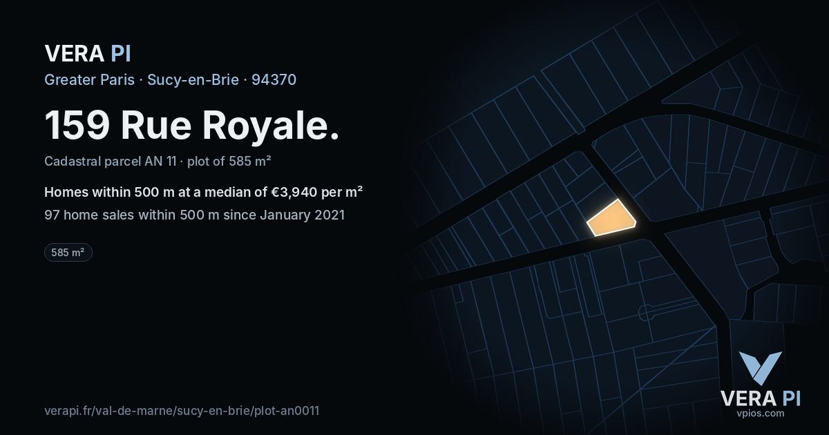 159 Rue Royale, Sucy-en-Brie at night – the plot lit, the parcels around coloured by the prices near them