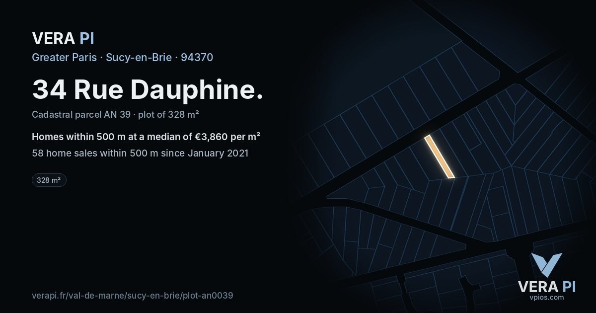 34 Rue Dauphine, Sucy-en-Brie at night – the plot lit, the parcels around coloured by the prices near them