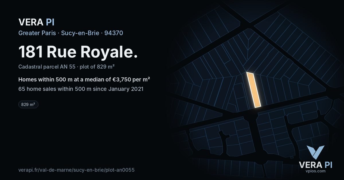 181 Rue Royale, Sucy-en-Brie at night – the plot lit, the parcels around coloured by the prices near them
