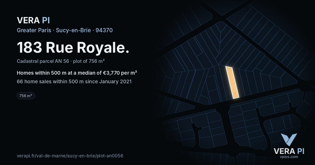 183 Rue Royale, Sucy-en-Brie at night – the plot lit, the parcels around coloured by the prices near them