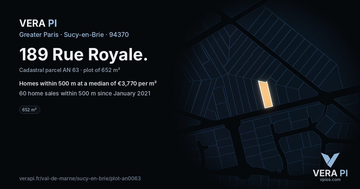 189 Rue Royale, Sucy-en-Brie at night – the plot lit, the parcels around coloured by the prices near them