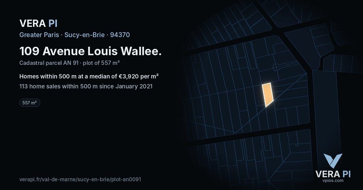 109 Avenue Louis Wallee, Sucy-en-Brie at night – the plot lit, the parcels around coloured by the prices near them