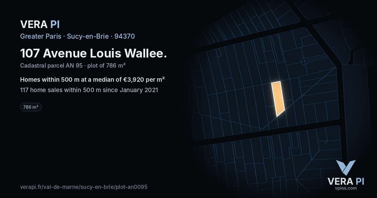 107 Avenue Louis Wallee, Sucy-en-Brie at night – the plot lit, the parcels around coloured by the prices near them