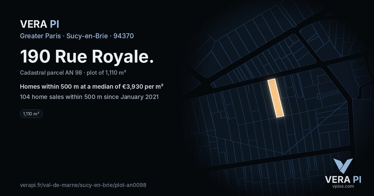 190 Rue Royale, Sucy-en-Brie at night – the plot lit, the parcels around coloured by the prices near them