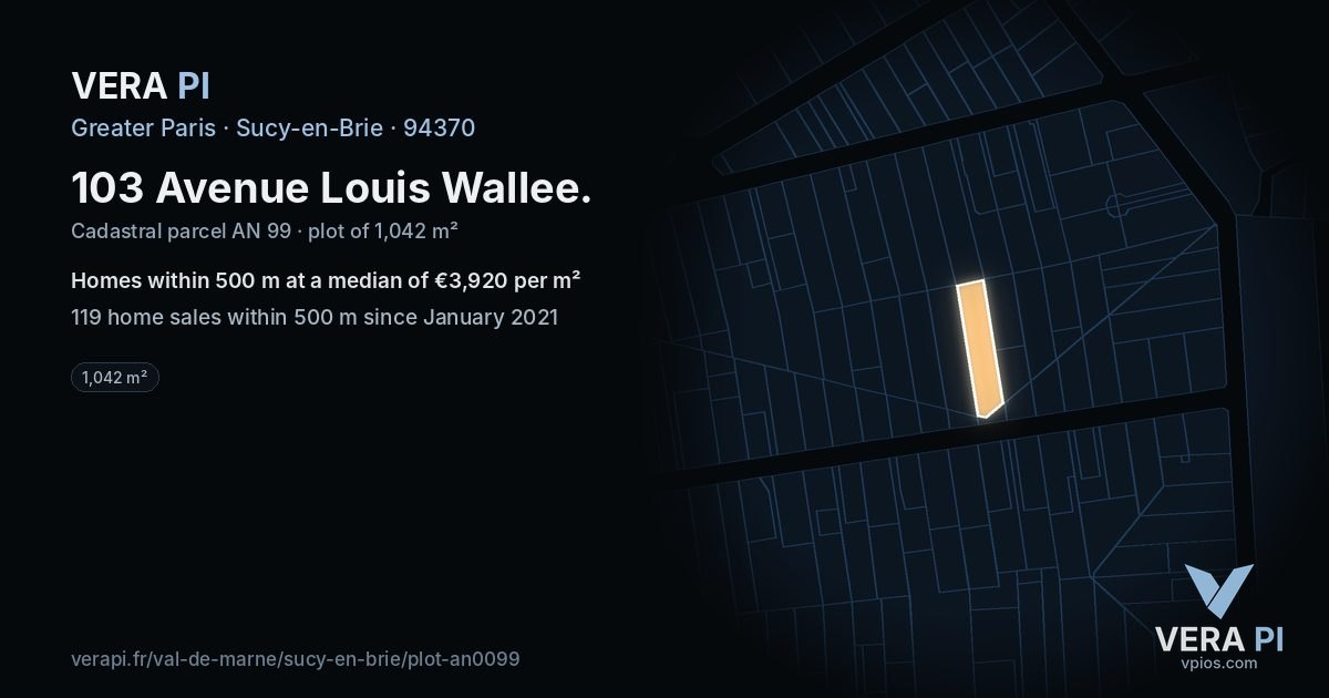 103 Avenue Louis Wallee, Sucy-en-Brie at night – the plot lit, the parcels around coloured by the prices near them