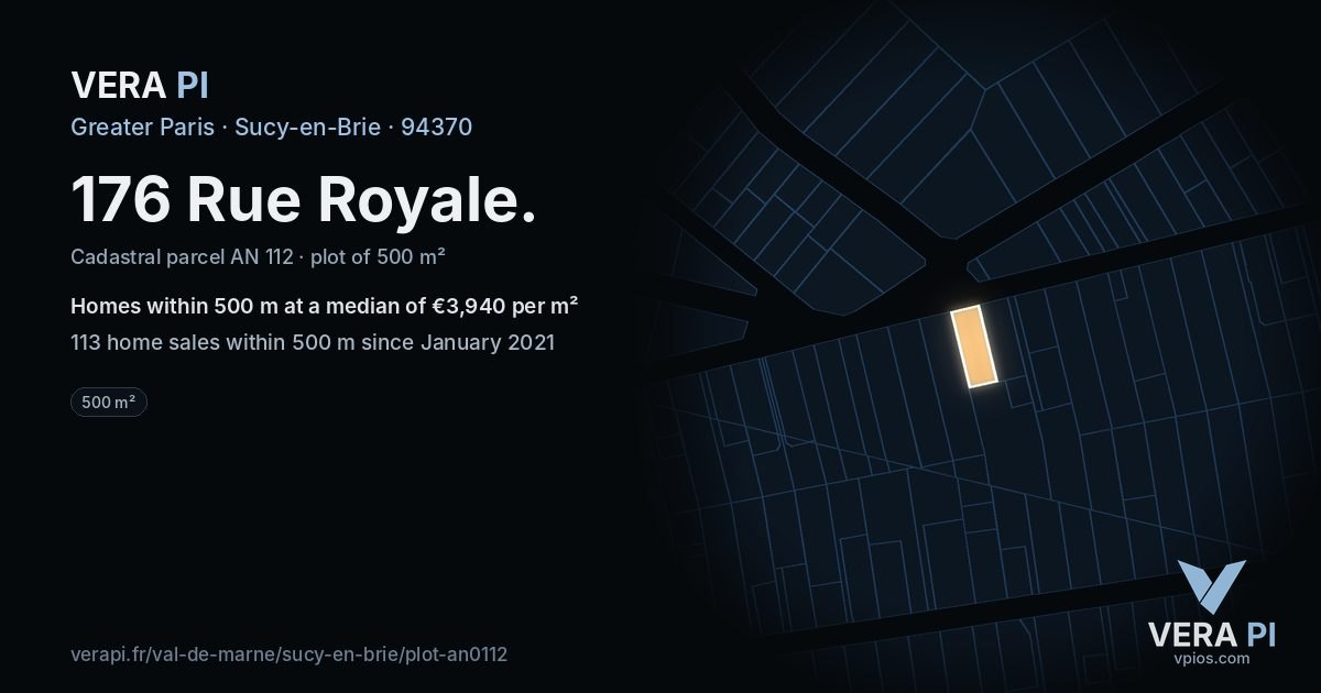 176 Rue Royale, Sucy-en-Brie at night – the plot lit, the parcels around coloured by the prices near them