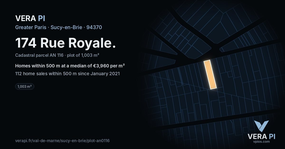 174 Rue Royale, Sucy-en-Brie at night – the plot lit, the parcels around coloured by the prices near them