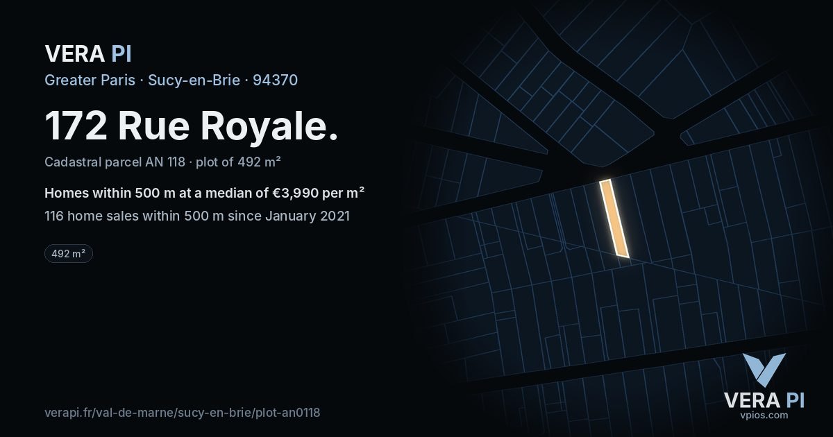 172 Rue Royale, Sucy-en-Brie at night – the plot lit, the parcels around coloured by the prices near them