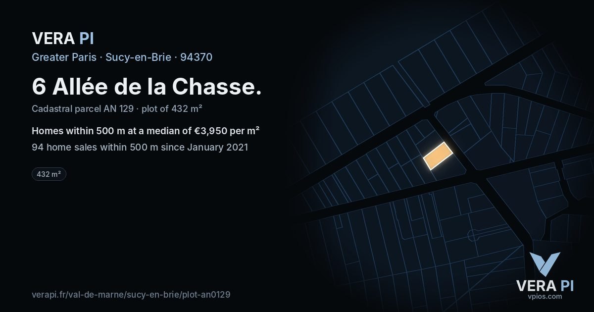 6 Allée de la Chasse, Sucy-en-Brie at night – the plot lit, the parcels around coloured by the prices near them
