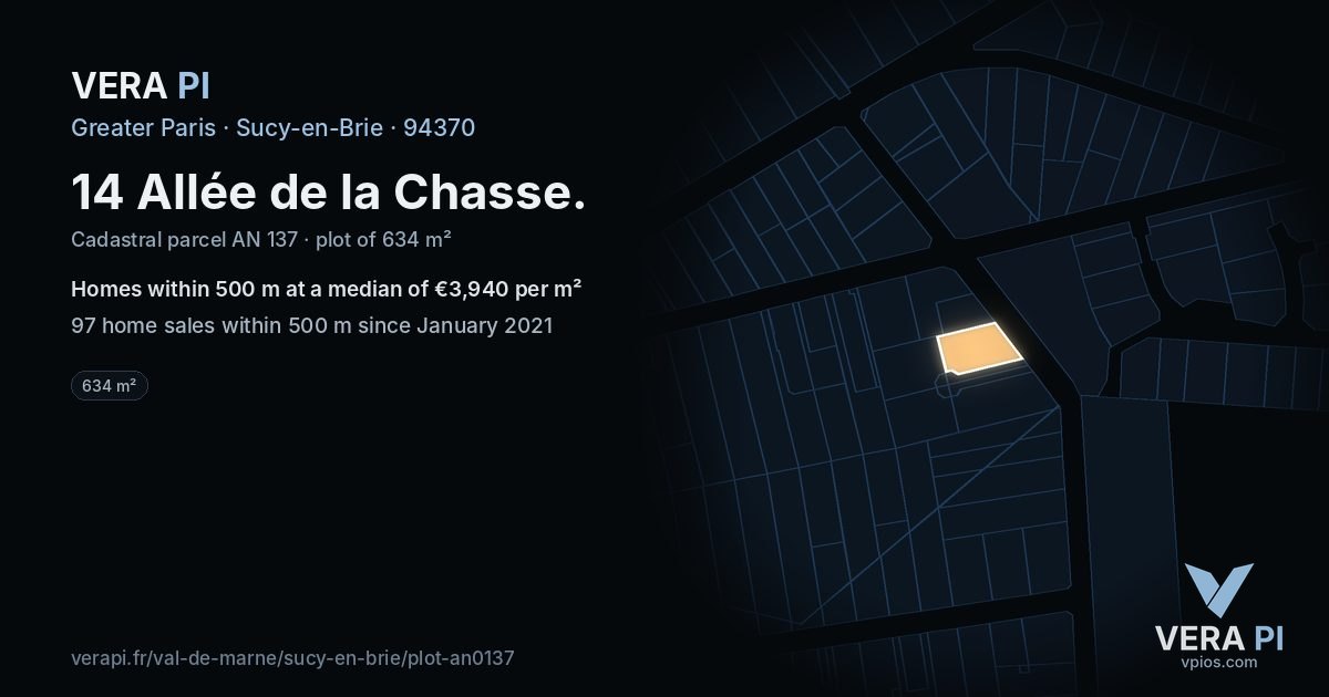 14 Allée de la Chasse, Sucy-en-Brie at night – the plot lit, the parcels around coloured by the prices near them