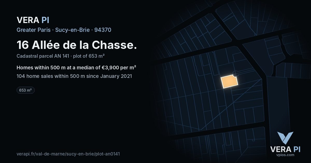 16 Allée de la Chasse, Sucy-en-Brie at night – the plot lit, the parcels around coloured by the prices near them