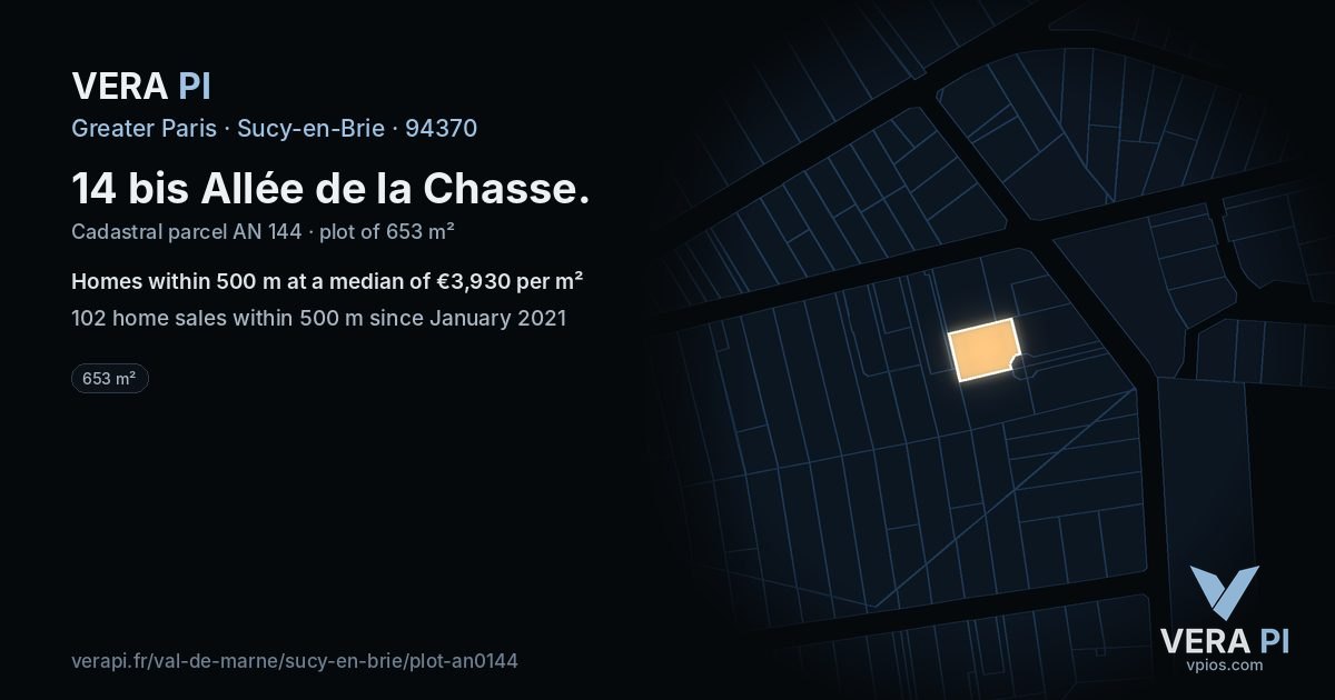 14 bis Allée de la Chasse, Sucy-en-Brie at night – the plot lit, the parcels around coloured by the prices near them