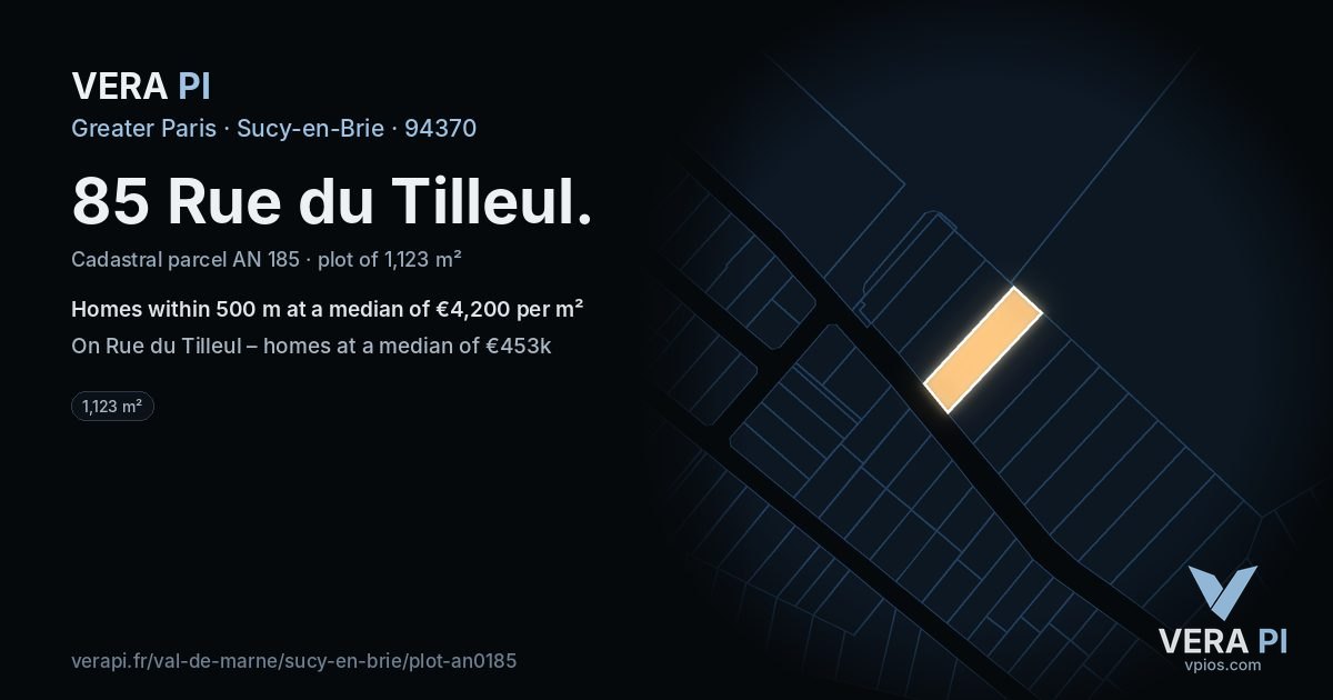 85 Rue du Tilleul, Sucy-en-Brie at night – the plot lit, the parcels around coloured by the prices near them