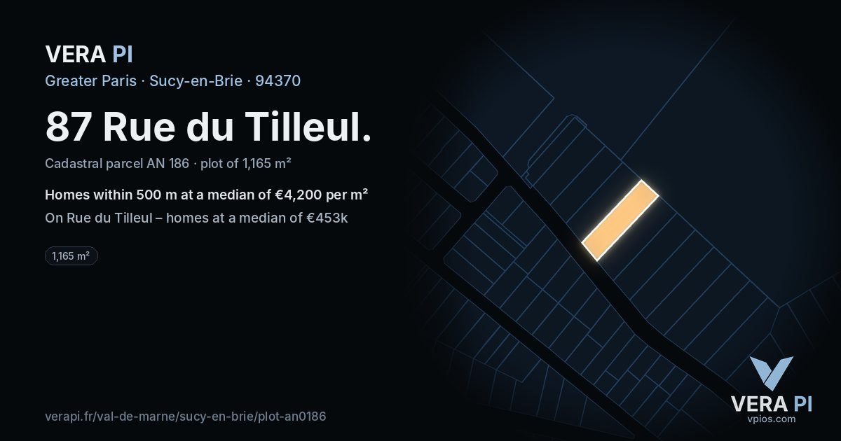 87 Rue du Tilleul, Sucy-en-Brie at night – the plot lit, the parcels around coloured by the prices near them