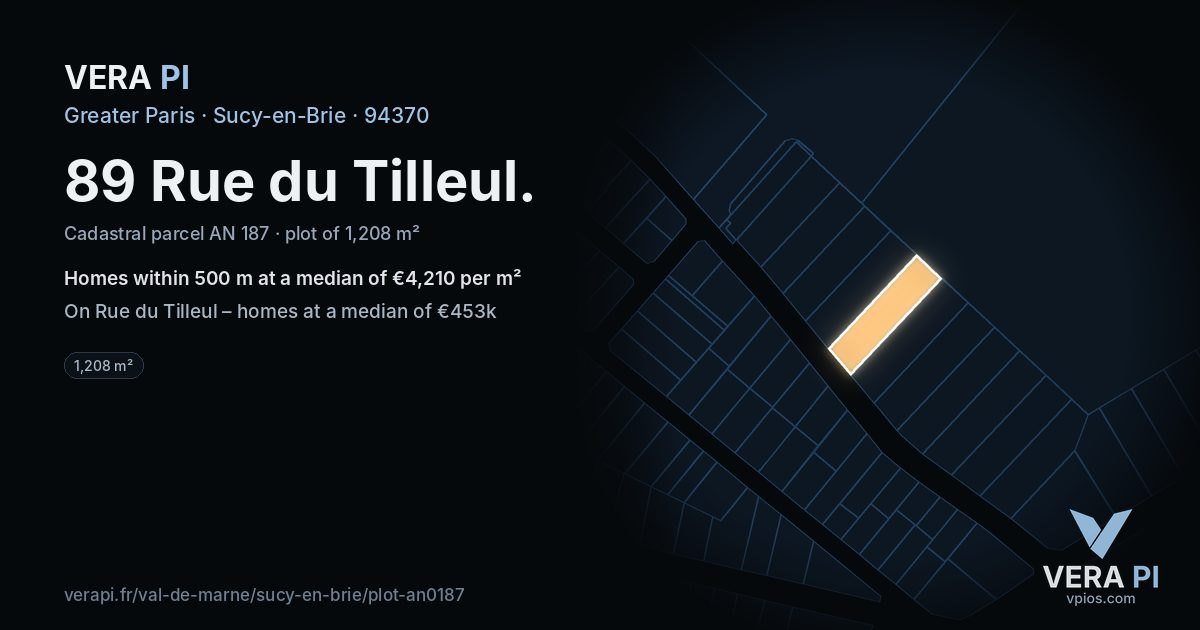 89 Rue du Tilleul, Sucy-en-Brie at night – the plot lit, the parcels around coloured by the prices near them