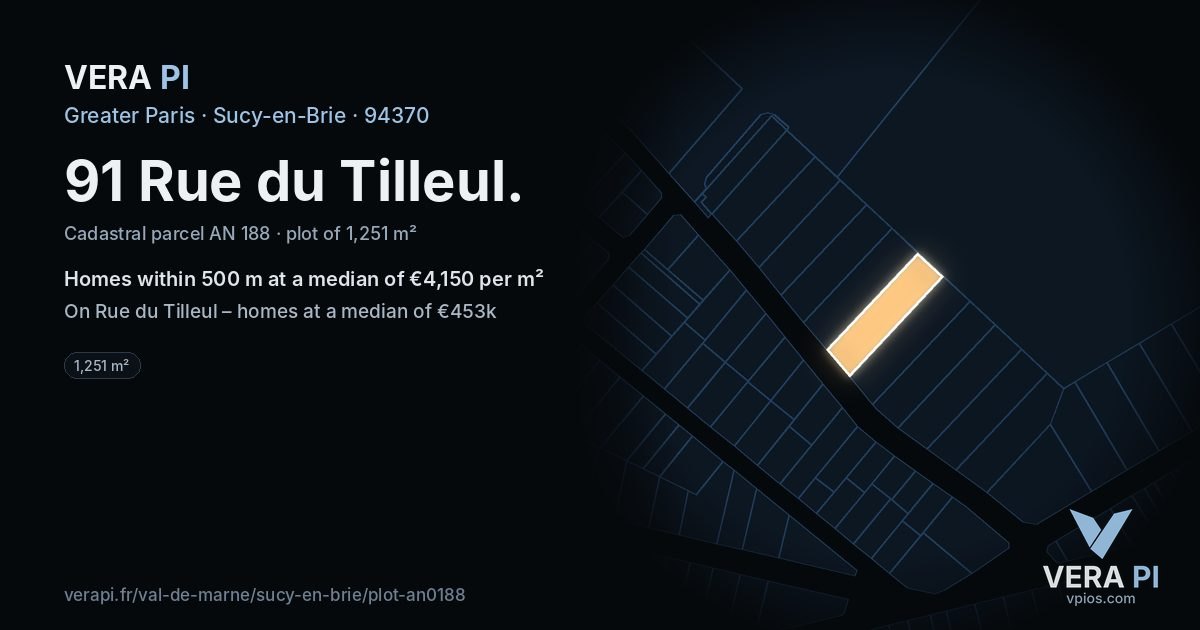 91 Rue du Tilleul, Sucy-en-Brie at night – the plot lit, the parcels around coloured by the prices near them