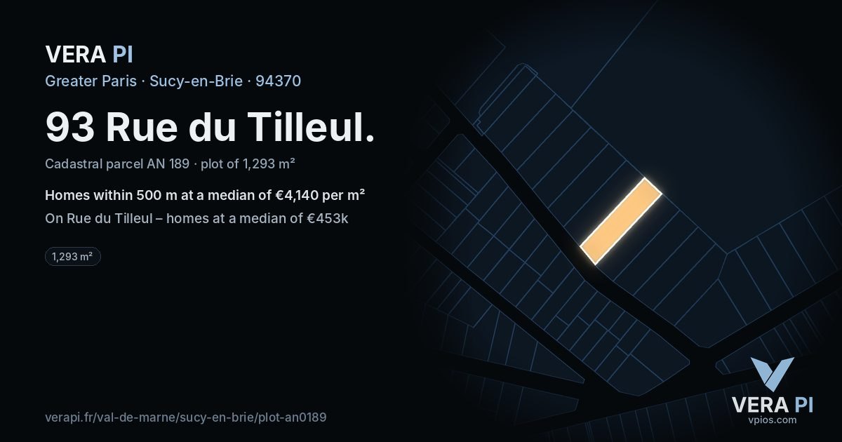 93 Rue du Tilleul, Sucy-en-Brie at night – the plot lit, the parcels around coloured by the prices near them