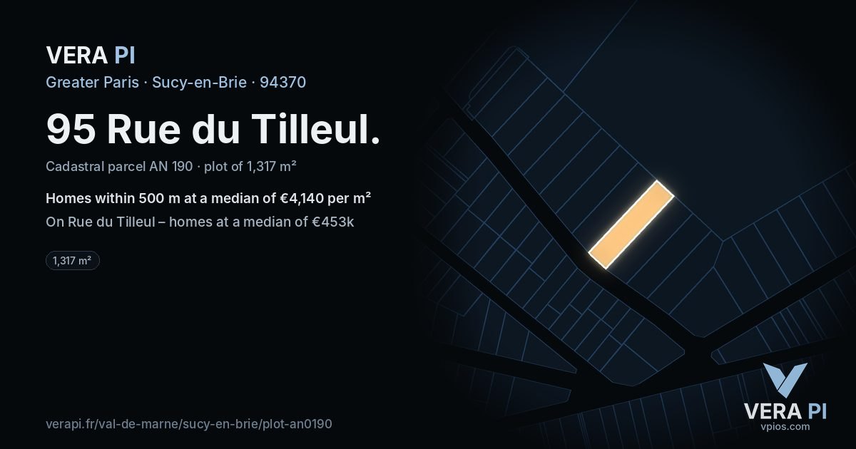 95 Rue du Tilleul, Sucy-en-Brie at night – the plot lit, the parcels around coloured by the prices near them