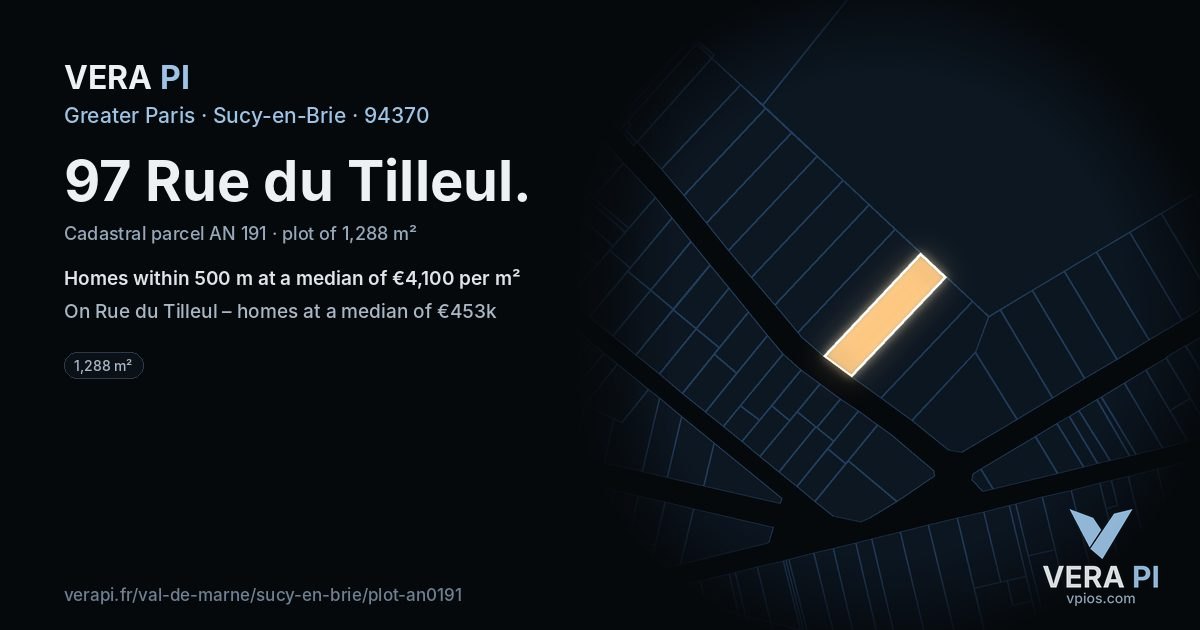 97 Rue du Tilleul, Sucy-en-Brie at night – the plot lit, the parcels around coloured by the prices near them
