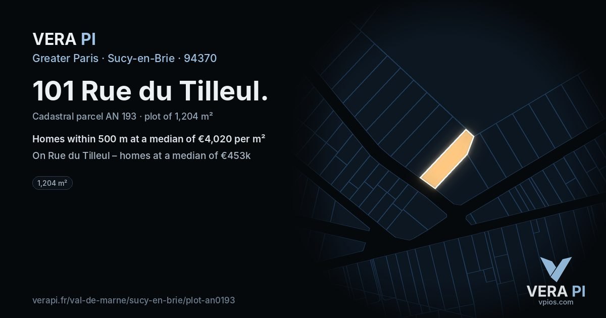 101 Rue du Tilleul, Sucy-en-Brie at night – the plot lit, the parcels around coloured by the prices near them