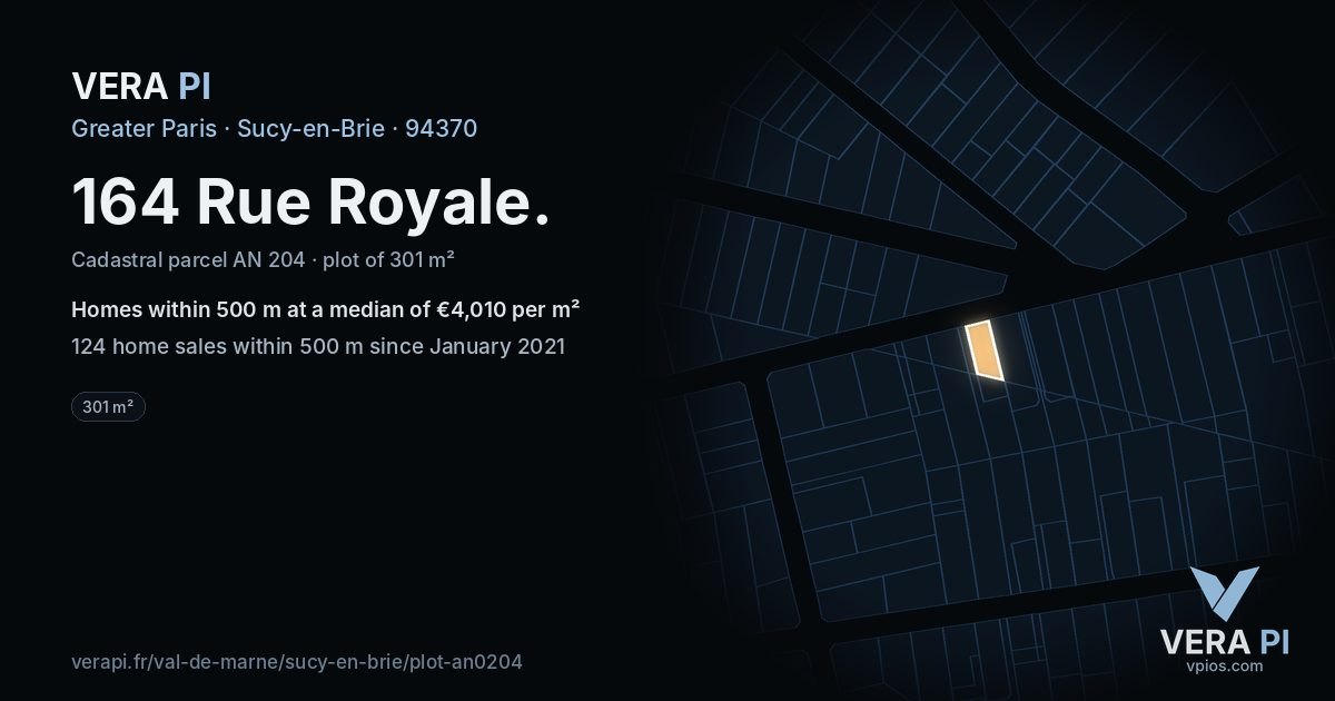 164 Rue Royale, Sucy-en-Brie at night – the plot lit, the parcels around coloured by the prices near them