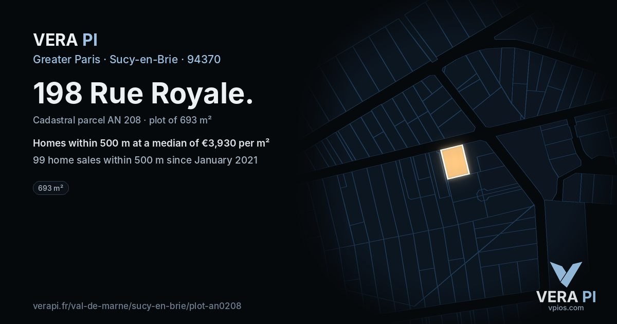 198 Rue Royale, Sucy-en-Brie at night – the plot lit, the parcels around coloured by the prices near them