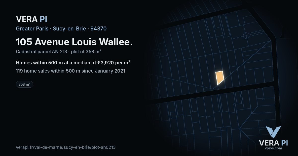 105 Avenue Louis Wallee, Sucy-en-Brie at night – the plot lit, the parcels around coloured by the prices near them