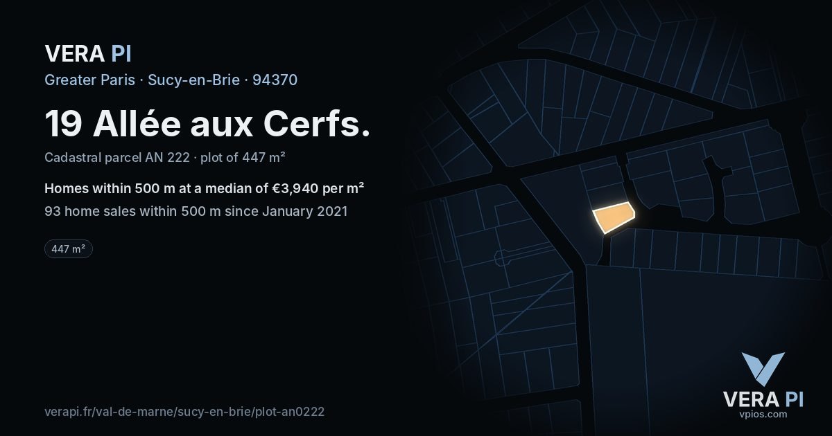 19 Allée aux Cerfs, Sucy-en-Brie at night – the plot lit, the parcels around coloured by the prices near them