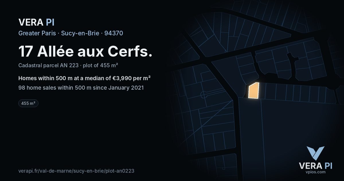 17 Allée aux Cerfs, Sucy-en-Brie at night – the plot lit, the parcels around coloured by the prices near them