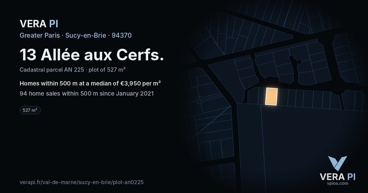 13 Allée aux Cerfs, Sucy-en-Brie at night – the plot lit, the parcels around coloured by the prices near them