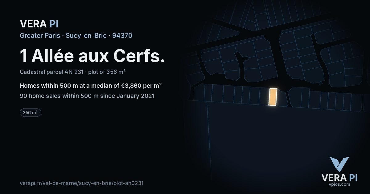 1 Allée aux Cerfs, Sucy-en-Brie at night – the plot lit, the parcels around coloured by the prices near them
