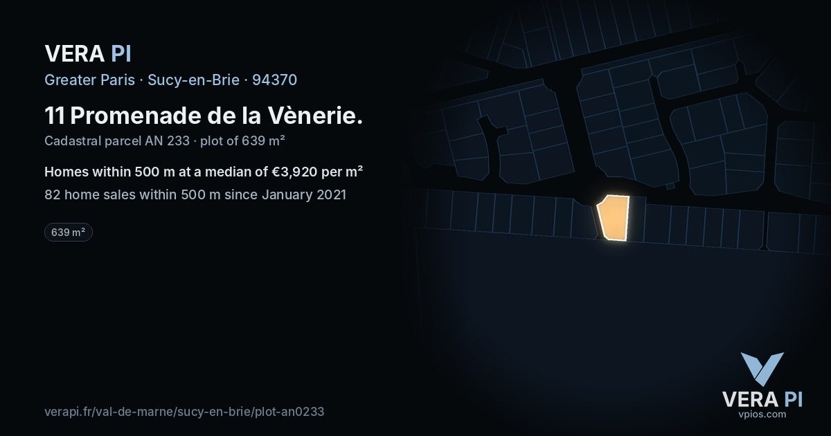 11 Promenade de la Vènerie, Sucy-en-Brie at night – the plot lit, the parcels around coloured by the prices near them