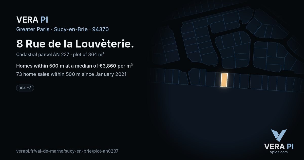 8 Rue de la Louvèterie, Sucy-en-Brie at night – the plot lit, the parcels around coloured by the prices near them